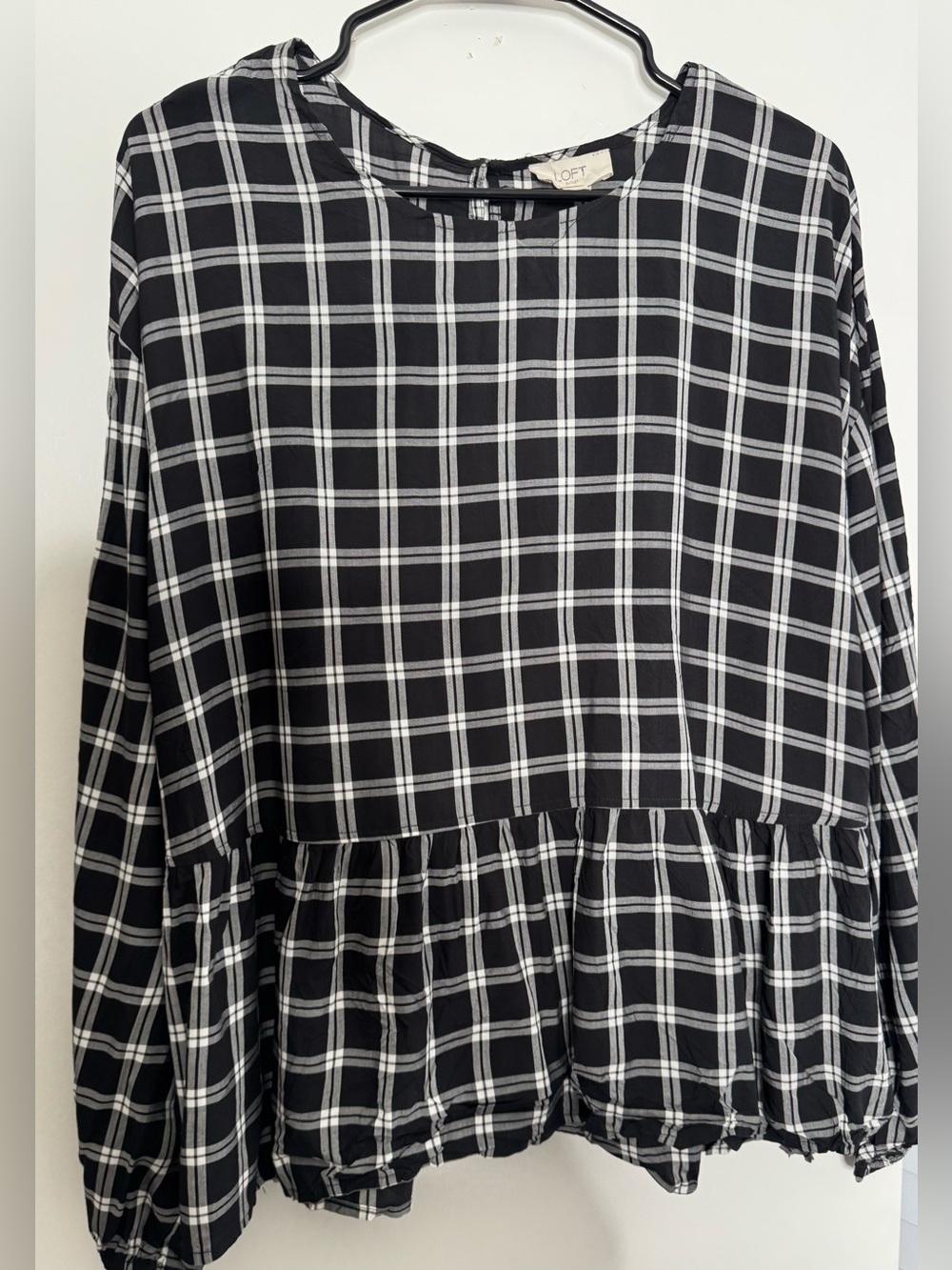 LOFT Black and White Plaid Peplum Top long sleeve  
Size xl fall